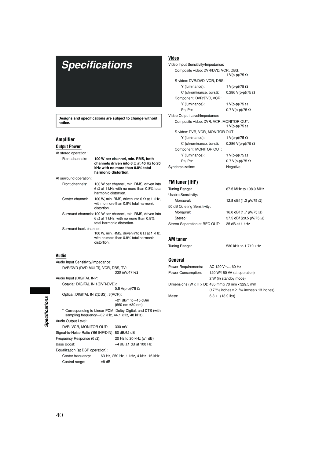 JVC RX-F10S manual Specifications, Amplifier, FM tuner IHF, AM tuner, General 