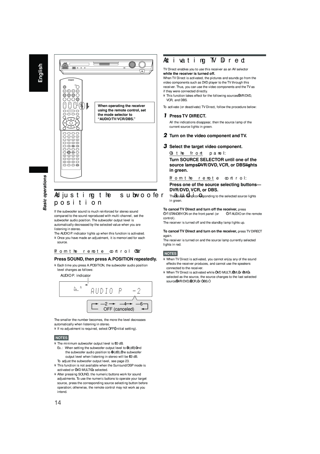 JVC RX-F10S manual Adjusting the subwoofer audio, Position 