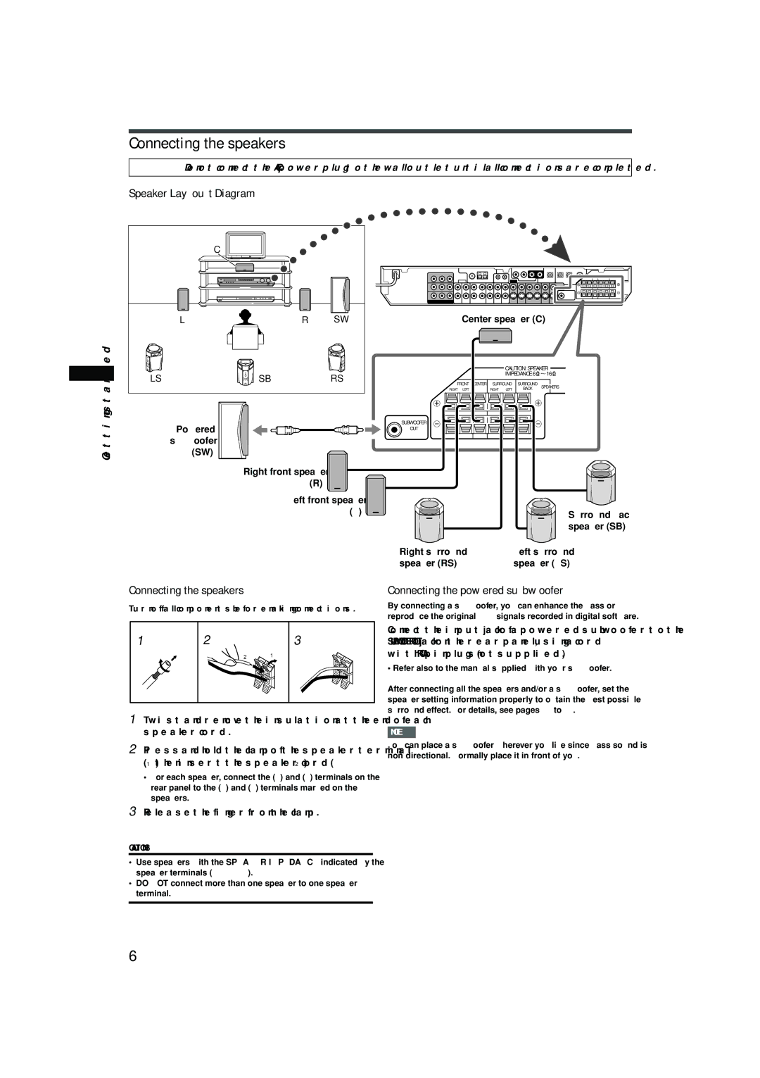 JVC RX-F10S manual Connecting the speakers, Speaker Layout Diagram, Connecting the powered subwoofer 