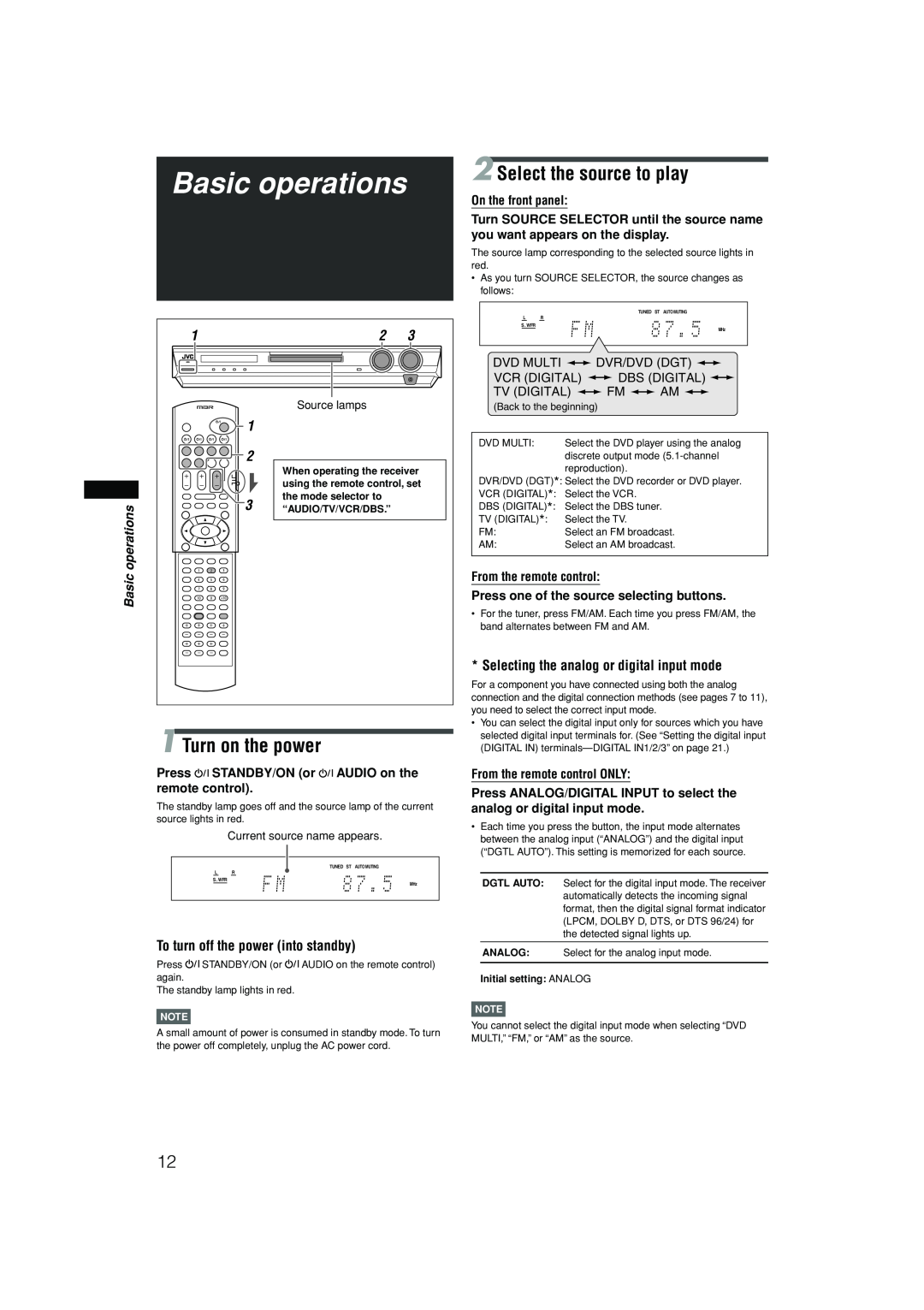 JVC RX-F10S manual Basic operations, Turn on the power, Select the source to play, To turn off the power into standby 