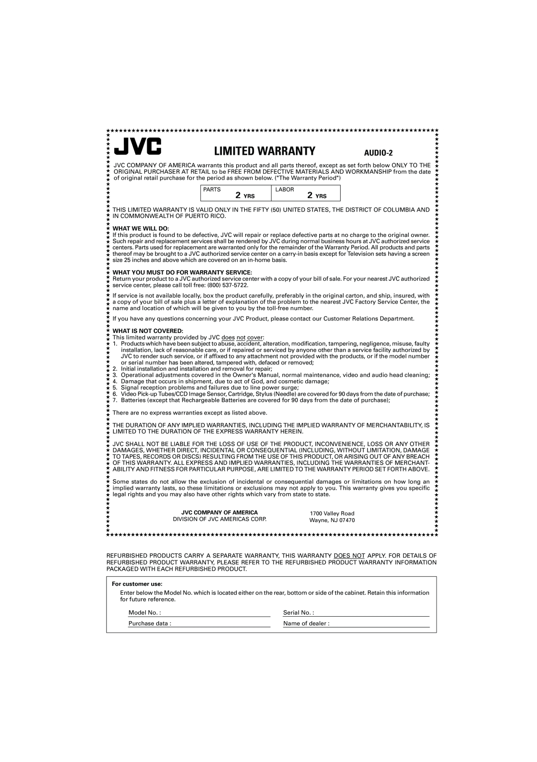 JVC RX-F10S manual Limited Warranty, AUDIO-2, What We Will Do, What You Must Do For Warranty Service, What Is Not Covered 