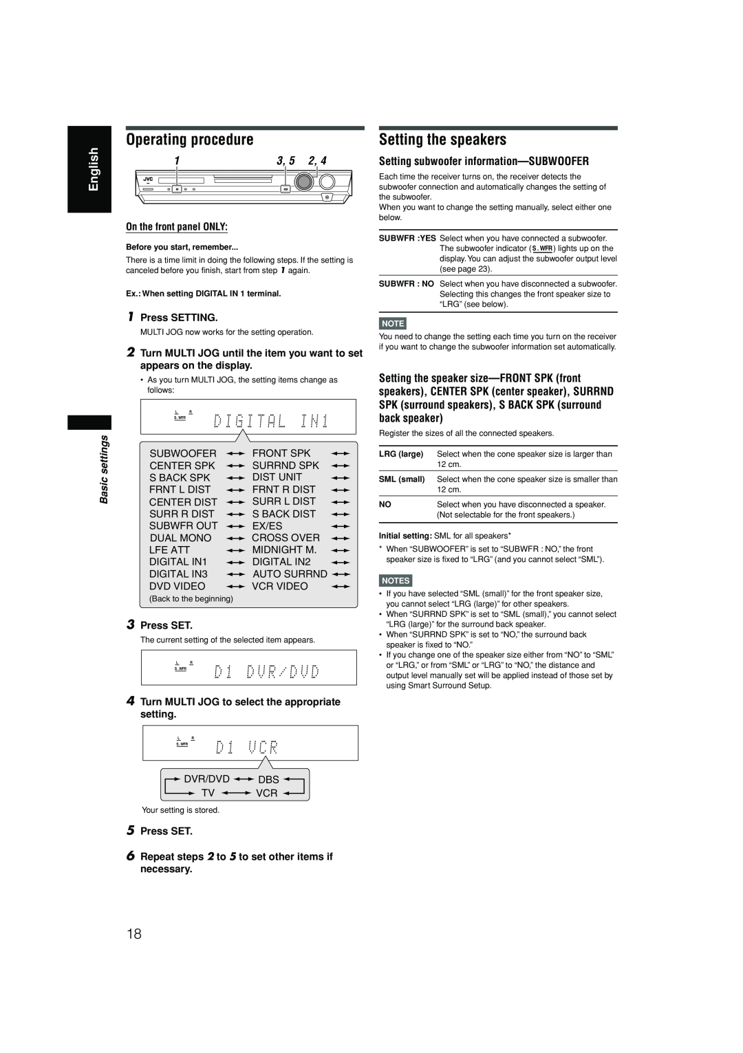 JVC RX-F10S Operating procedure, Setting the speakers, English, Setting subwoofer information—SUBWOOFER, Basic settings 