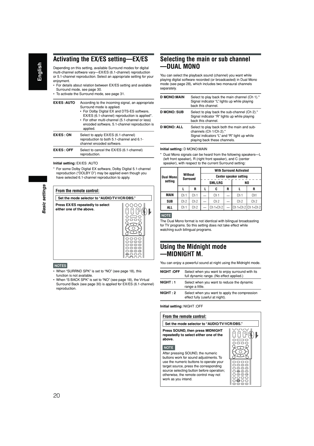 JVC RX-F10S manual Selecting the main or sub channel —DUALMONO, Using the Midnight mode —MIDNIGHTM, English, Basic settings 
