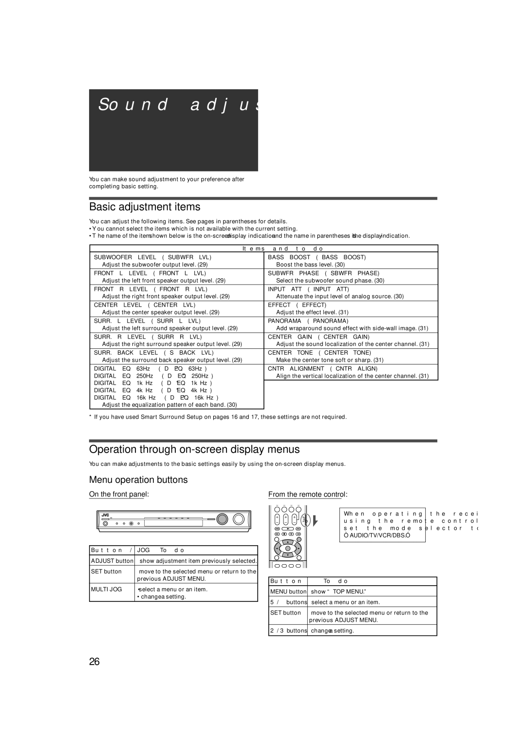 JVC RX-F31S manual Sound adjustments 