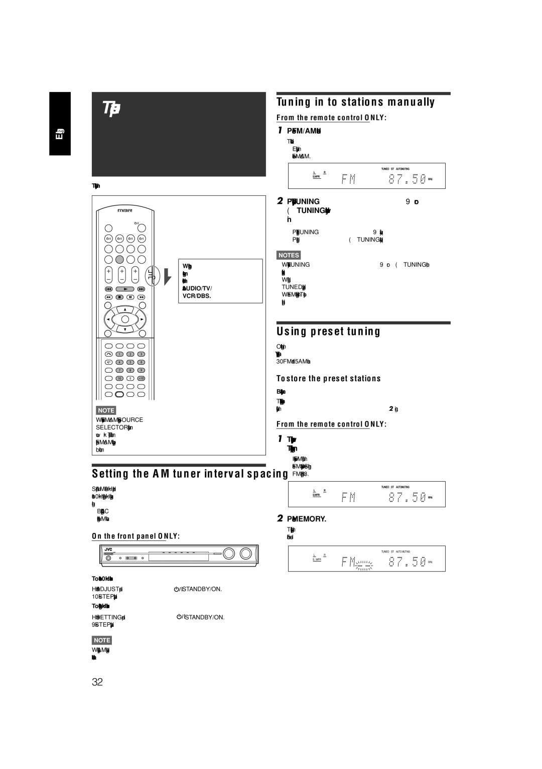 JVC RX-F31S Tuner operations, Tuning in to stations manually, Using preset tuning, To store the preset stations 