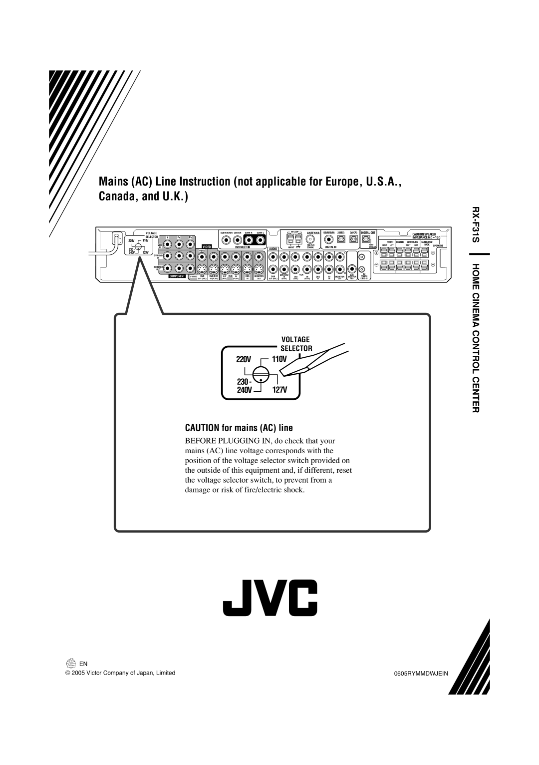 JVC manual RX-F31S HOME CINEMA CONTROL CENTER, 220V 230 240V, Voltage Selector, 110V, Video, Audio, 127V 
