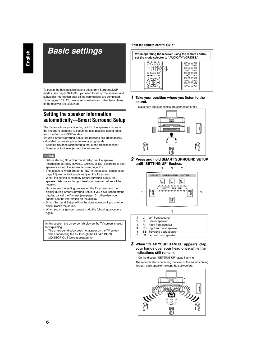 JVC RX-F31S manual Basic settings, English, From the remote control ONLY, 1Take your position where you listen to the sound 