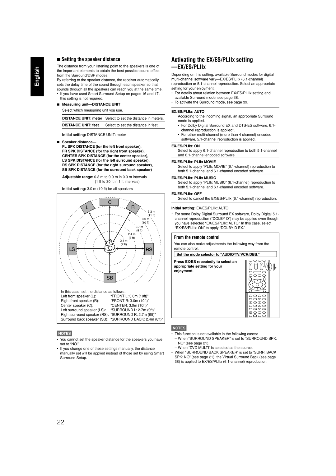 JVC RX-F31S manual English, 7Setting the speaker distance, C L Ls Sb, From the remote control, Notes 