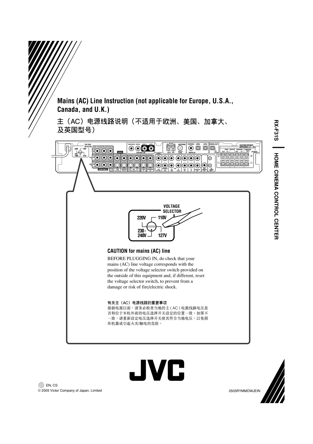JVC manual RX-F31S HOME CINEMA CONTROL CENTER, 220V, 240V, Voltage Selector, 110V, Video, Audio, 127V 