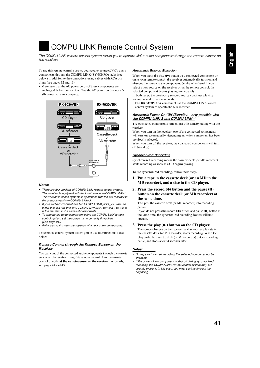 JVC RX7030VBK manual Compu Link Remote Control System, CD player Cassette deck CD recorder 