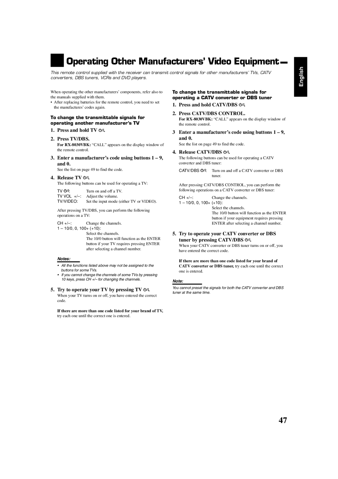 JVC RX7030VBK Press and hold CATV/DBS, To change the transmittable signals for, Operating a Catv converter or DBS tuner 