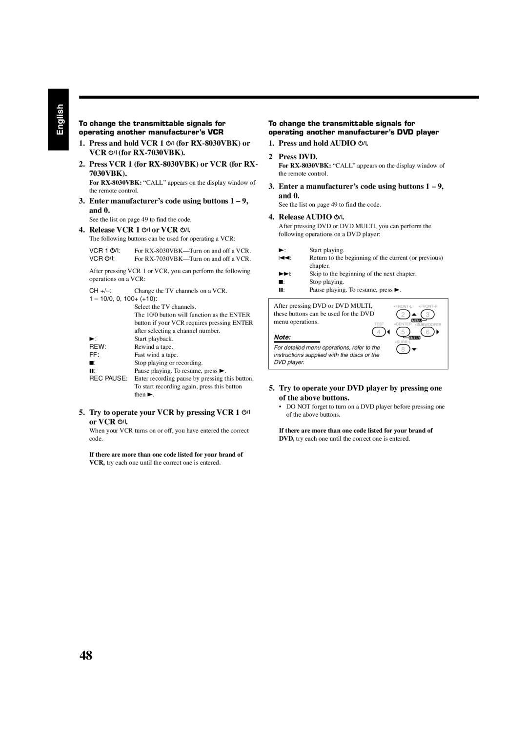 JVC RX7030VBK manual Enter manufacturer’s code using buttons 1 9 