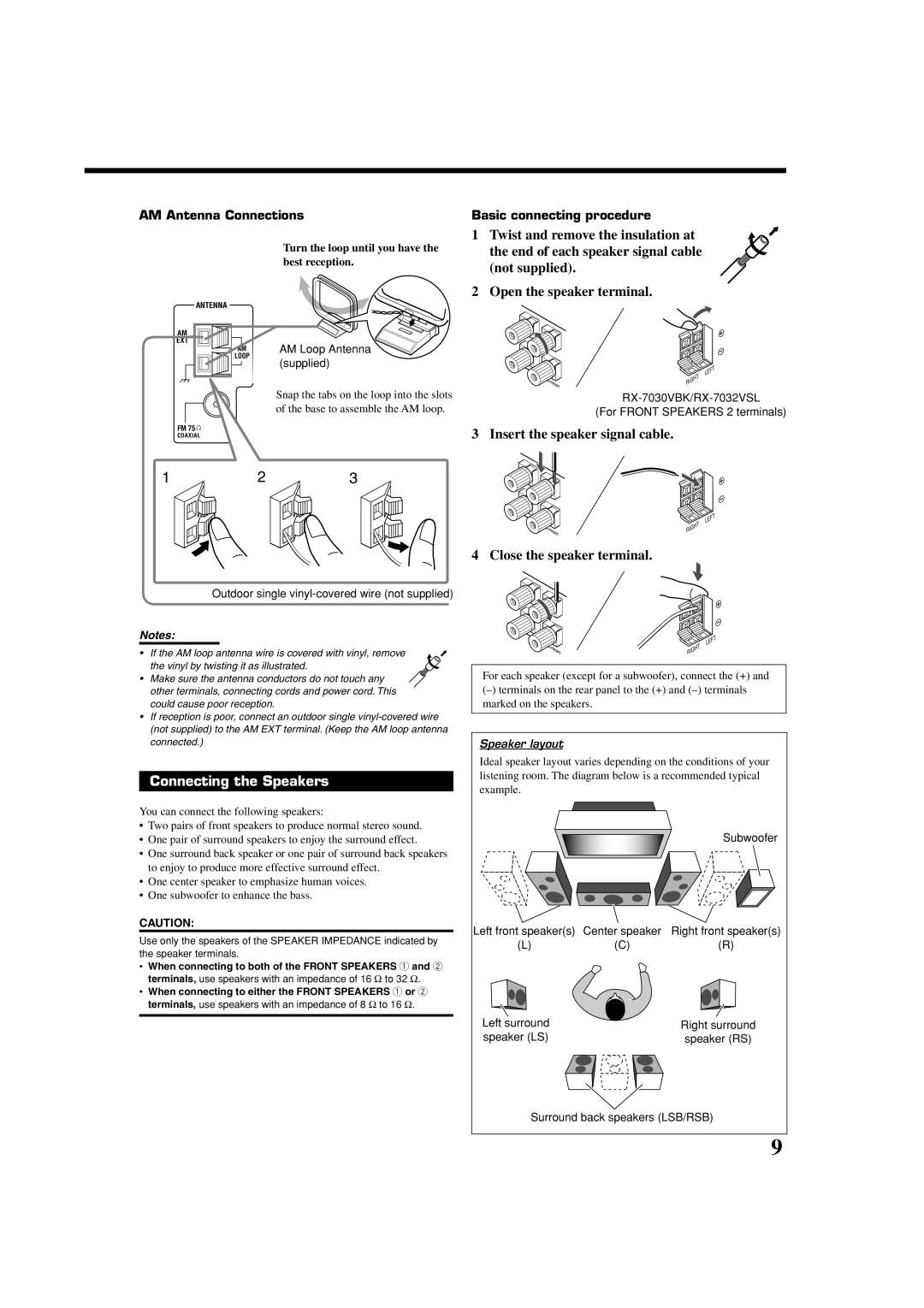 JVC RX7030VBK Insert the speaker signal cable, Close the speaker terminal, Connecting the Speakers, AM Antenna Connections 