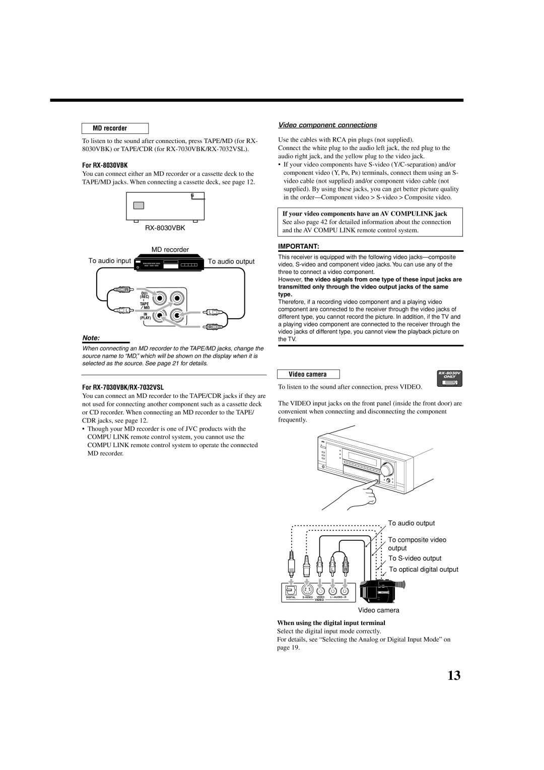 JVC RX7030VBK manual MD recorder, Video component connections, If your video components have an AV Compulink jack 