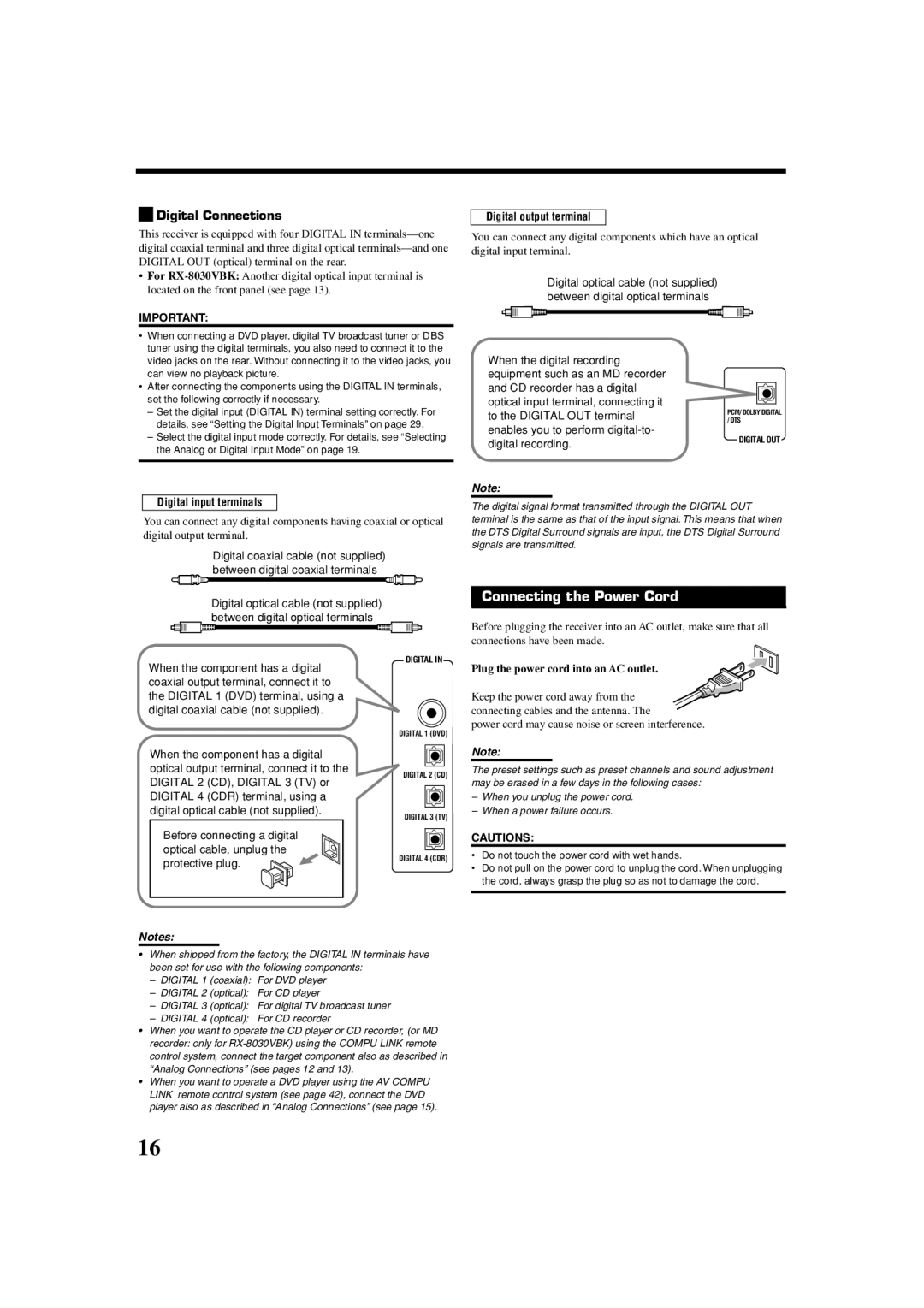 JVC RX7030VBK manual Connecting the Power Cord, Digital Connections, Digital output terminal, Digital input terminals 