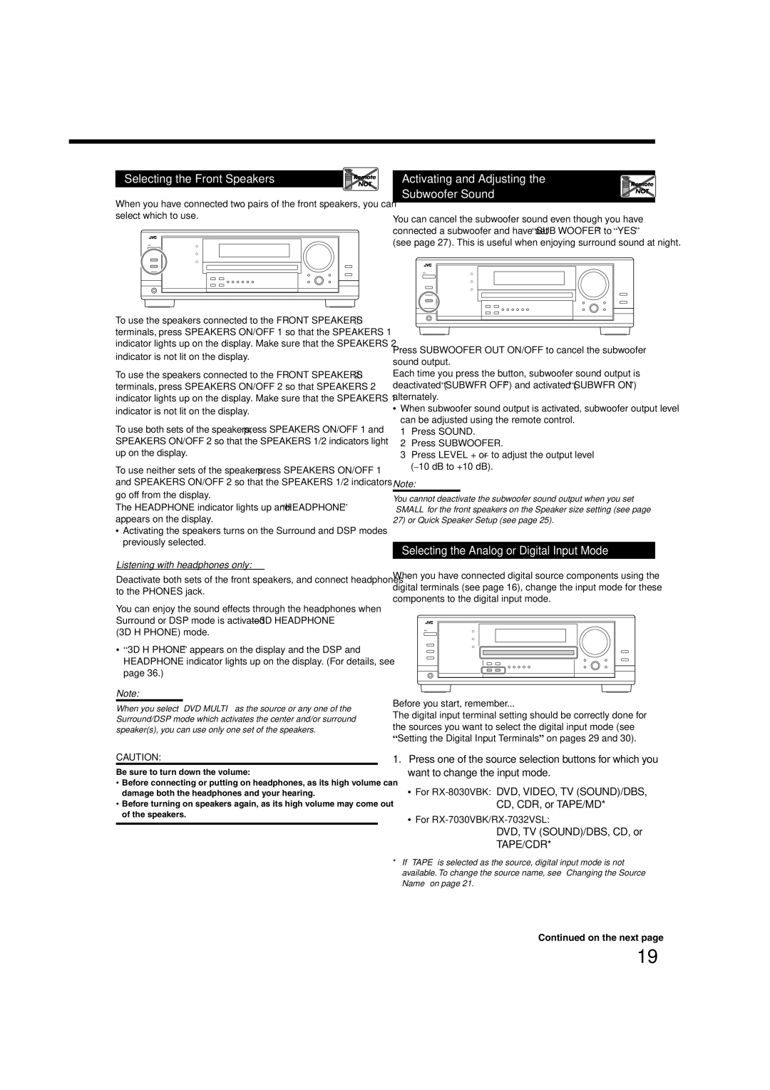 JVC RX7030VBK Selecting the Analog or Digital Input Mode, To use the speakers connected to the Front Speakers, On the next 