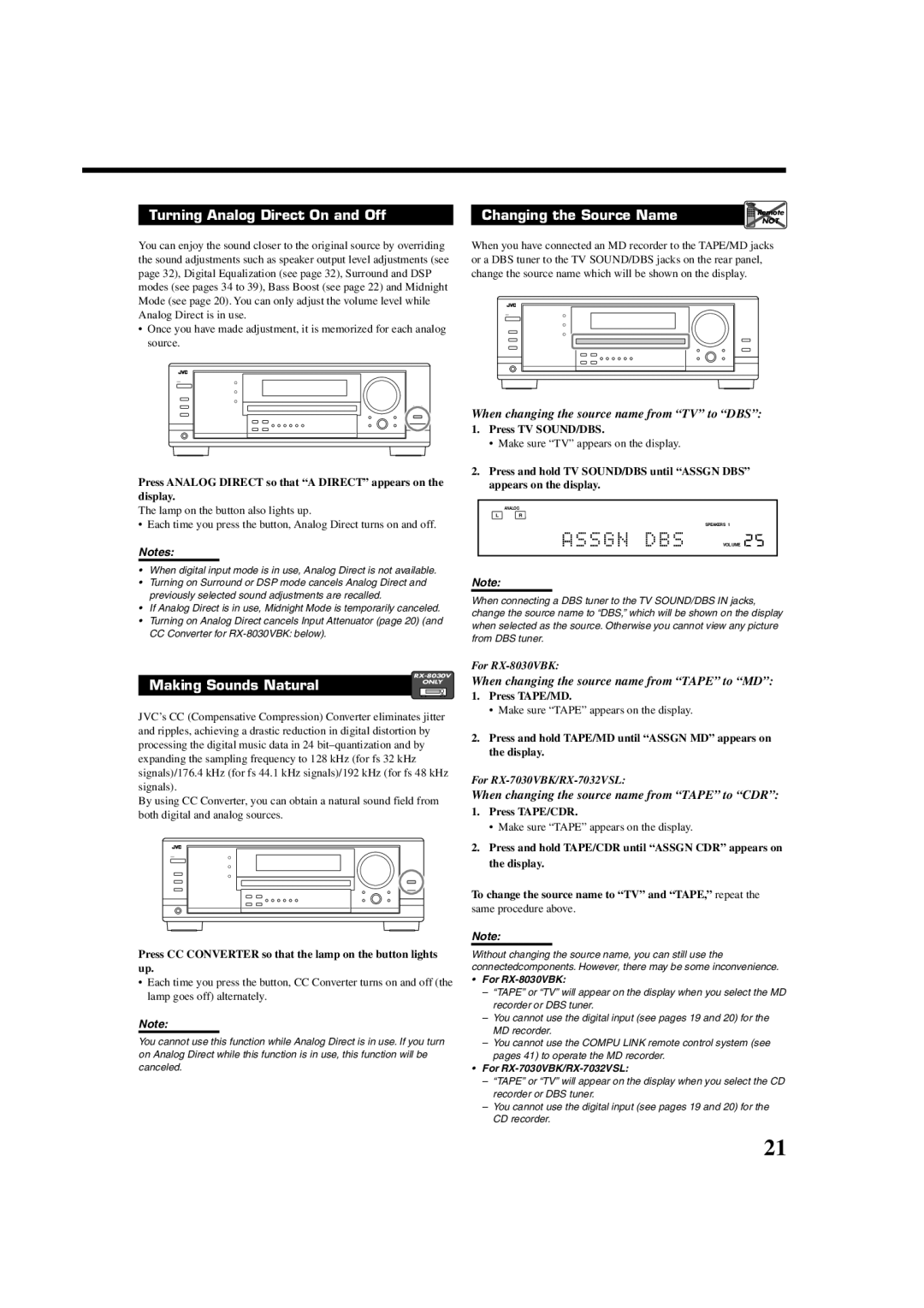 JVC RX7030VBK manual Press Analog Direct so that a Direct appears on the display, Press TV SOUND/DBS, Press TAPE/MD 