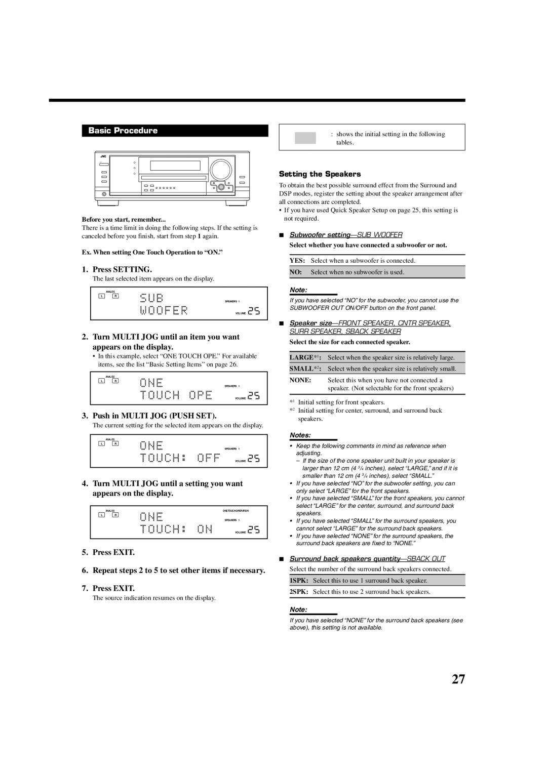 JVC RX7030VBK manual Basic Procedure, Press Setting, Push in Multi JOG Push SET, Press Exit, Setting the Speakers 