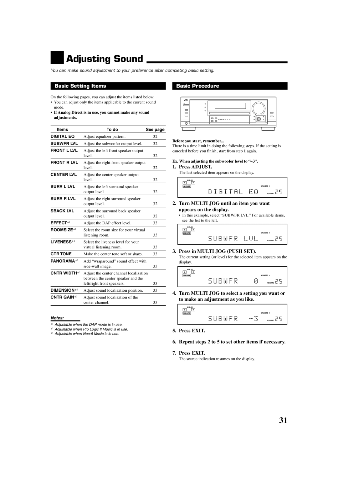 JVC RX7030VBK manual Adjusting Sound, Basic Setting Items Basic Procedure, Press Adjust 