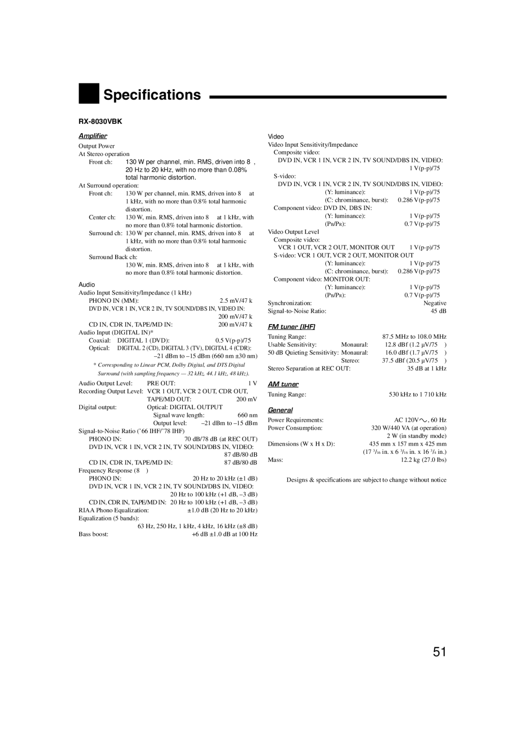 JVC RX7030VBK manual Specifications, RX-8030VBK 