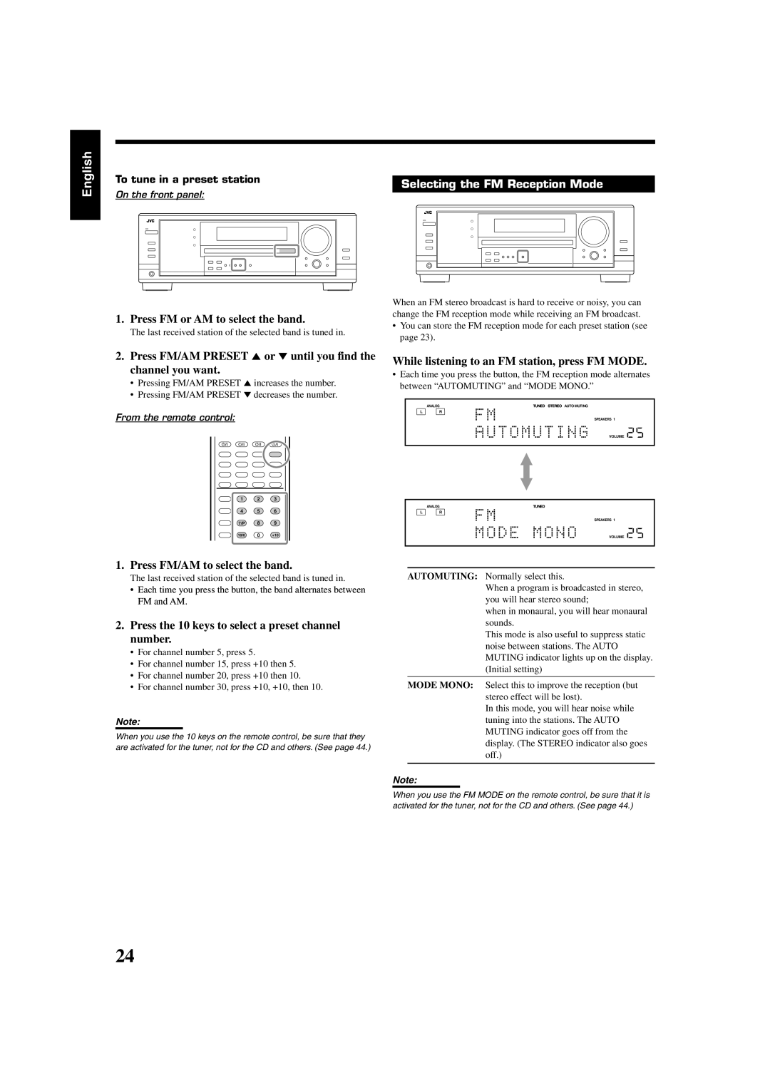 JVC RX7030VBK manual Selecting the FM Reception Mode 