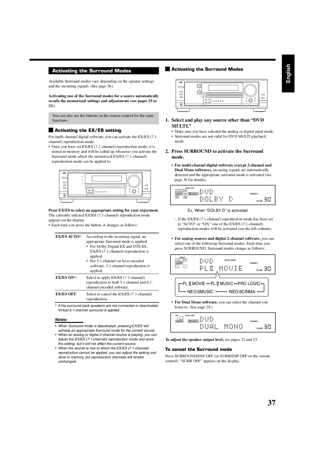 JVC RX7030VBK manual Activating the Surround Modes 