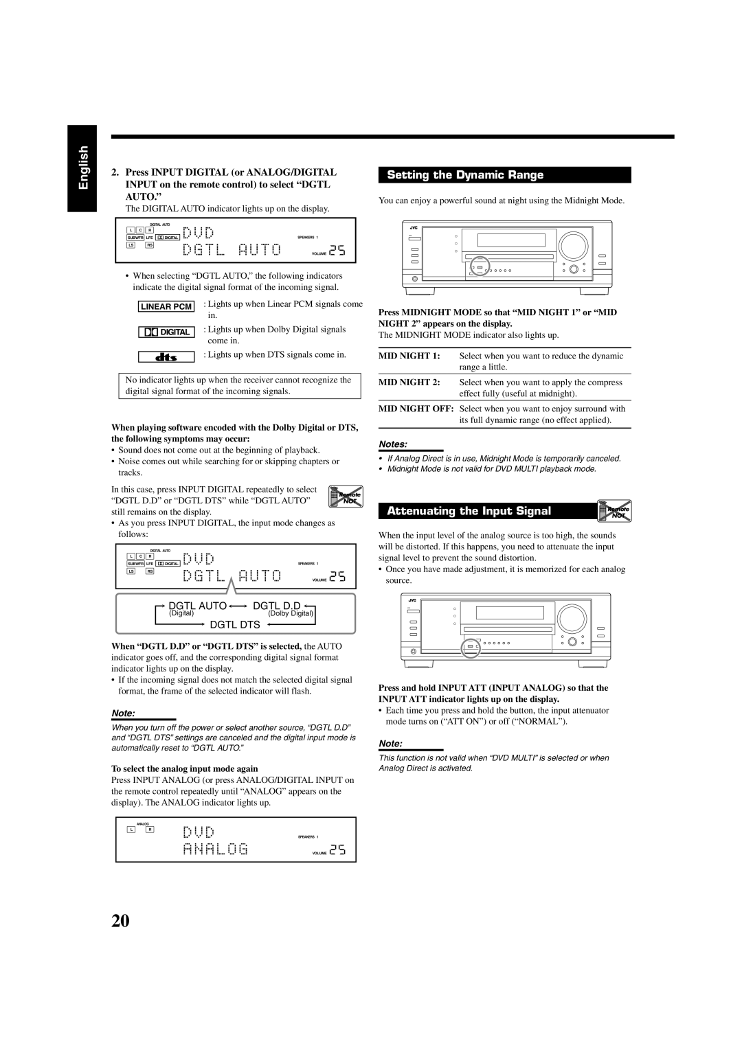 JVC RX7030VBK manual English, Setting the Dynamic Range, Attenuating the Input Signal, Dgtl Auto, Dgtl D.D, Dgtl Dts, Notes 