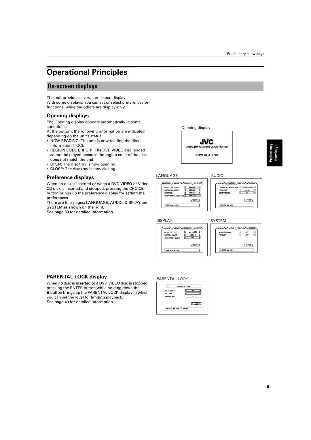 JVC S200BK manual Operational Principles, On-screen displays, Opening displays, Preference displays, Parental Lock display 