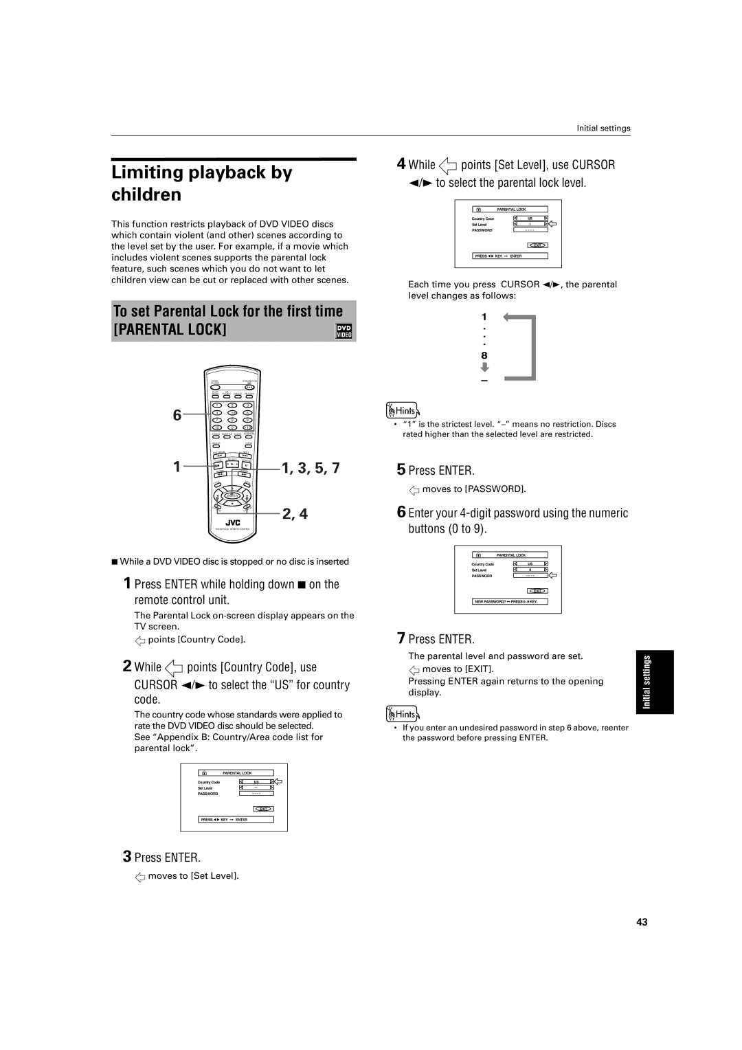 JVC S200BK manual Limiting playback by children, To set Parental Lock for the first time, While points Country Code, use 