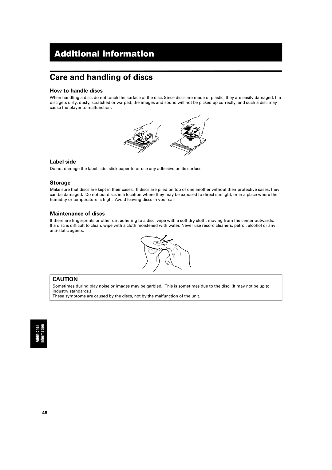 JVC S200BK manual Additional information, Care and handling of discs 