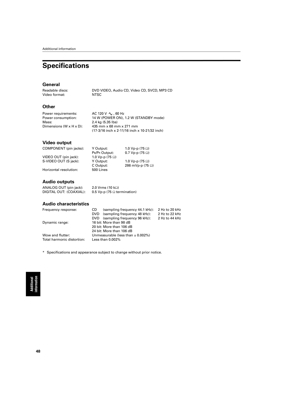 JVC S200BK manual Specifications 