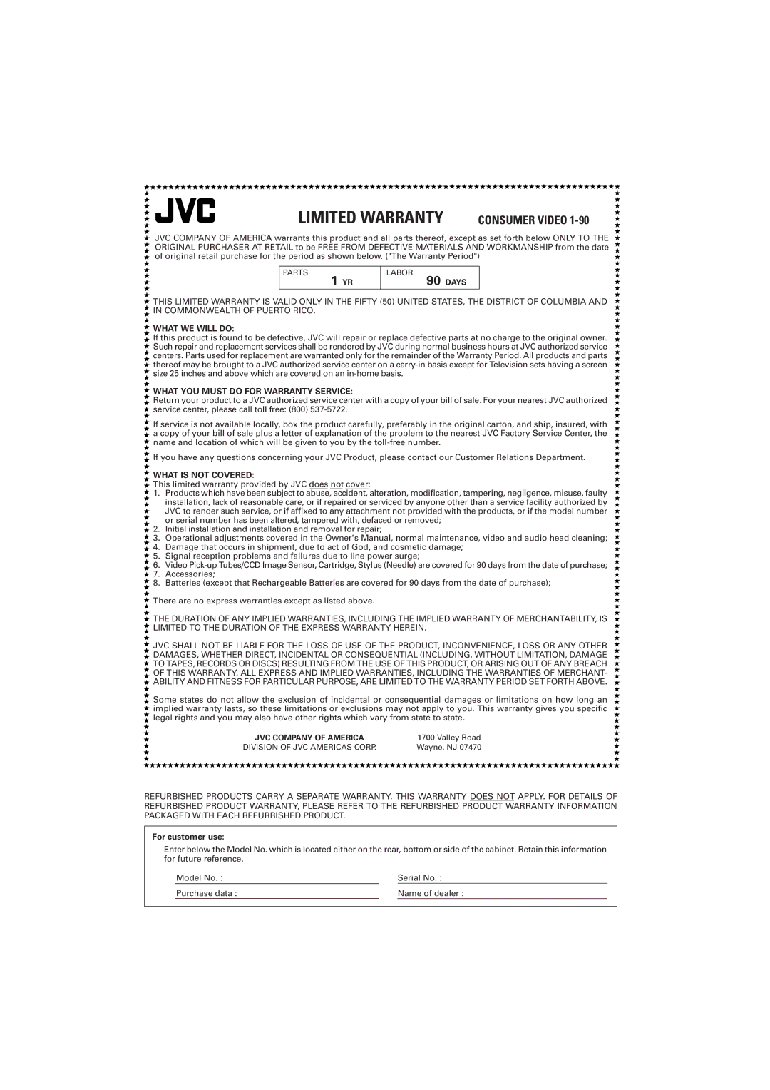 JVC S200BK manual Limited Warranty, For customer use 