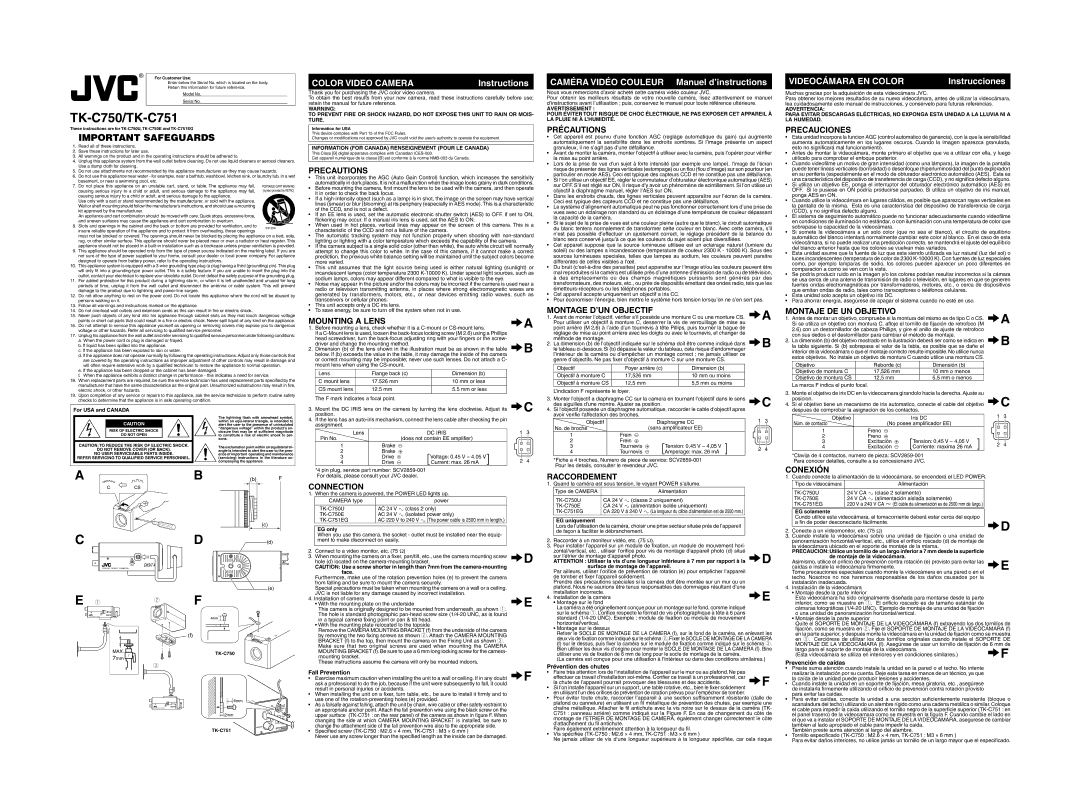 JVC S3125A operating instructions Precautions, Mounting a Lens, Connection, Précautions, Montage D’UN Objectif, Conexión 