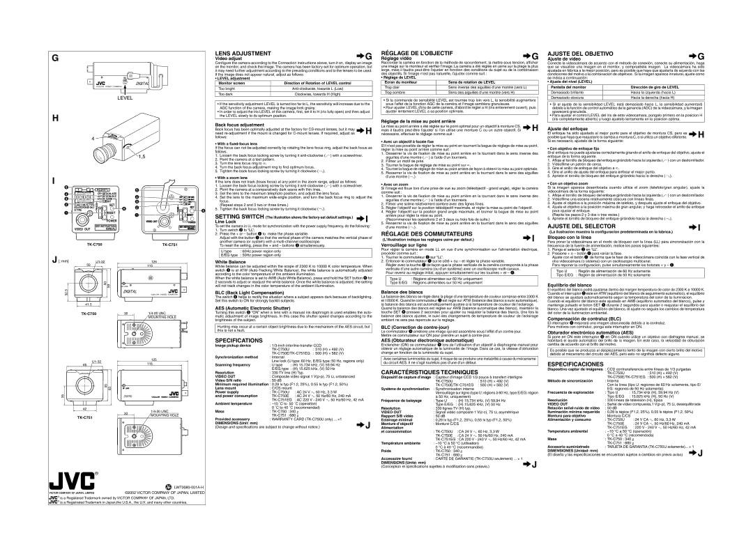 JVC S3125A Lens Adjustment, Réglage DE L’OBJECTIF, Ajuste DEL Objetivo, Réglage DES Commutateurs, Ajuste DEL Selector 