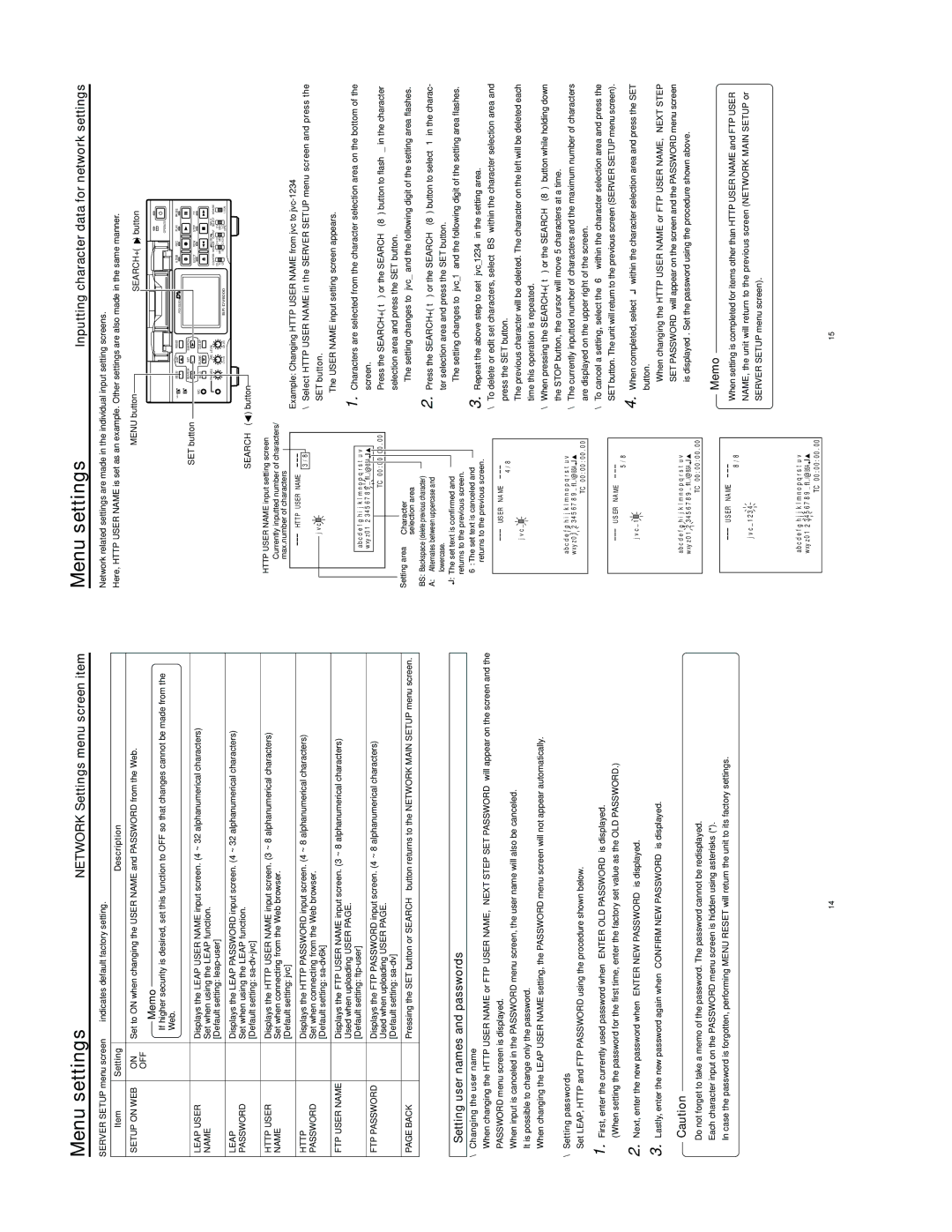 JVC SA-DV6000 Inputting character data for network settings, Setting user names and passwords, Changing the user name 