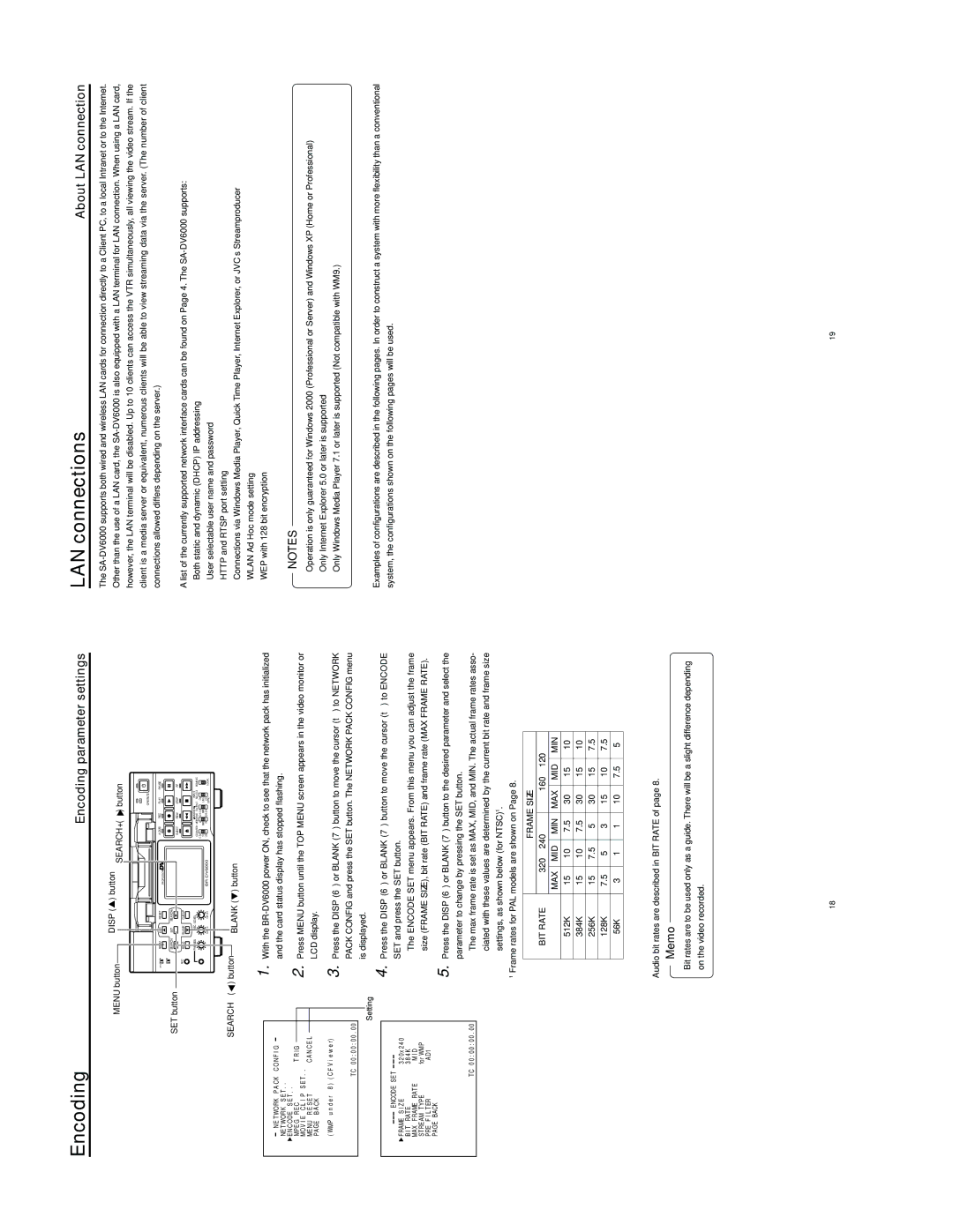 JVC SA-DV6000 manual LAN connections, Encoding parameter settings, About LAN connection 