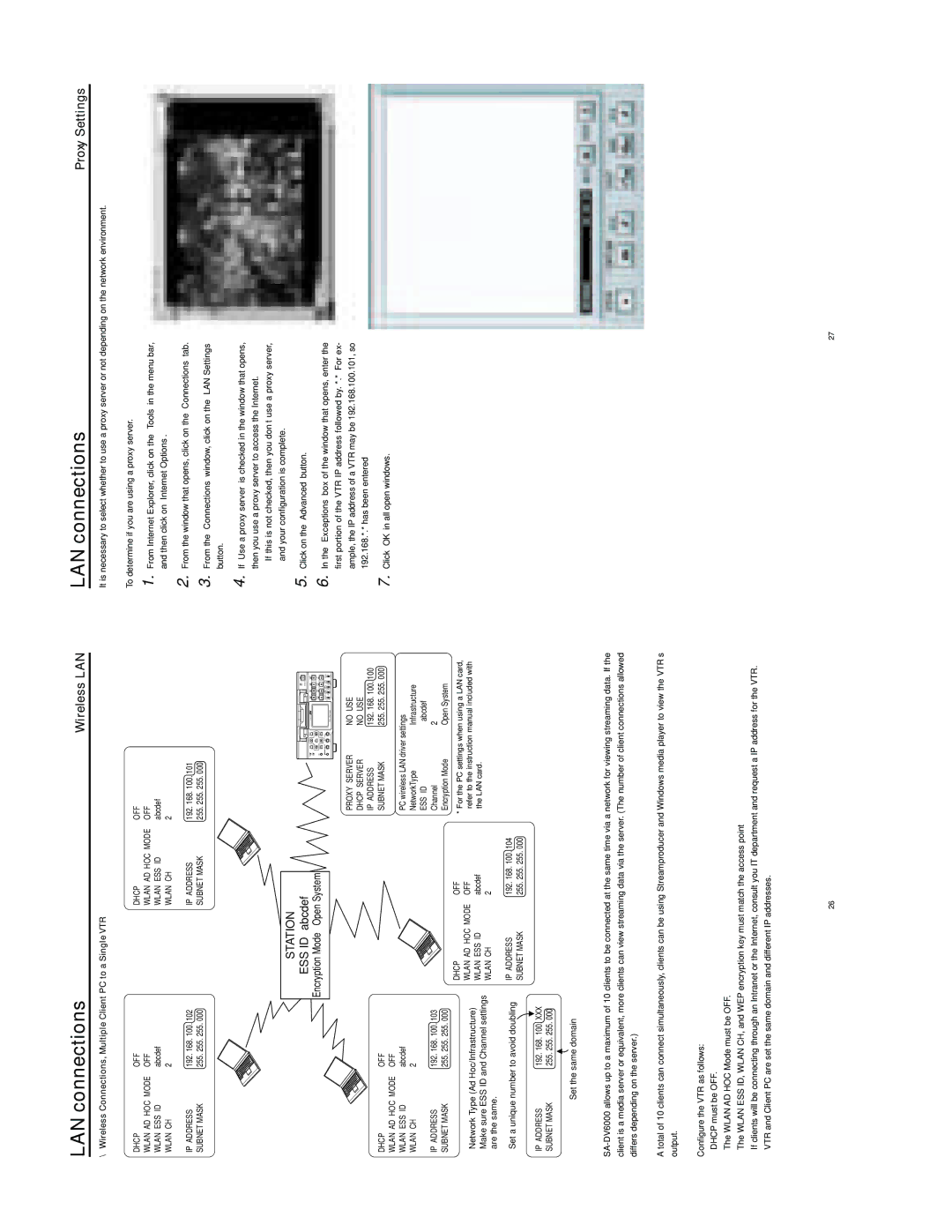 JVC SA-DV6000 manual Proxy Settings, Wireless Connections, Multiple Client PC to a Single VTR 