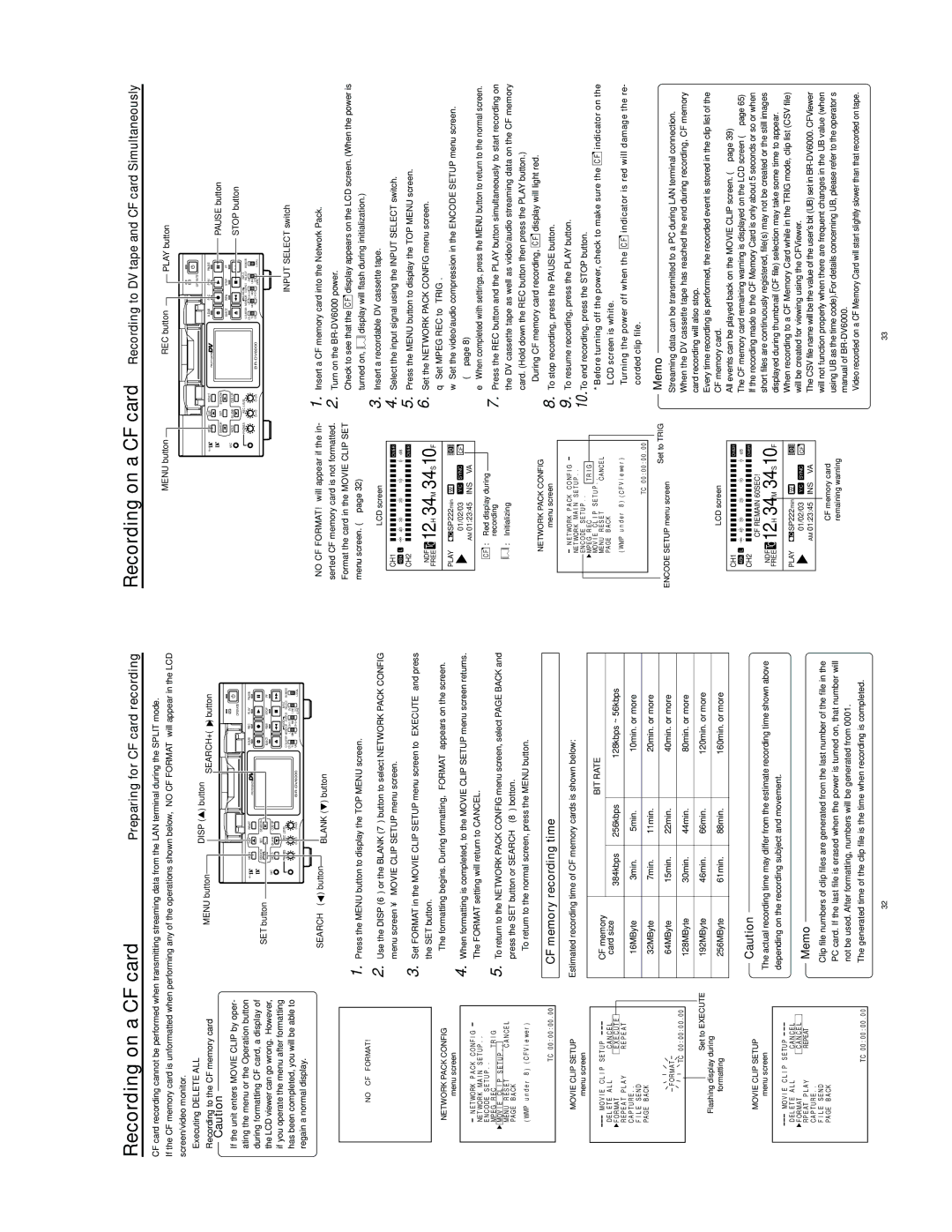 JVC SA-DV6000 manual Recording on a CF card, Preparing for CF card recording, CF memory recording time, SEARCH- button 