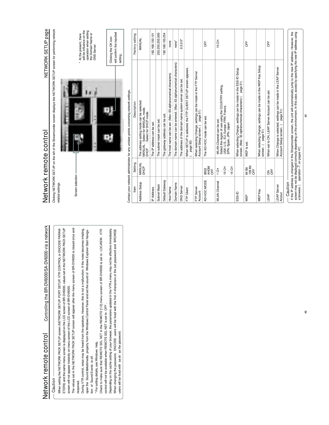 JVC SA-DV6000 manual Network remote controlNETWORK Setup, Setting Description Factory setting 