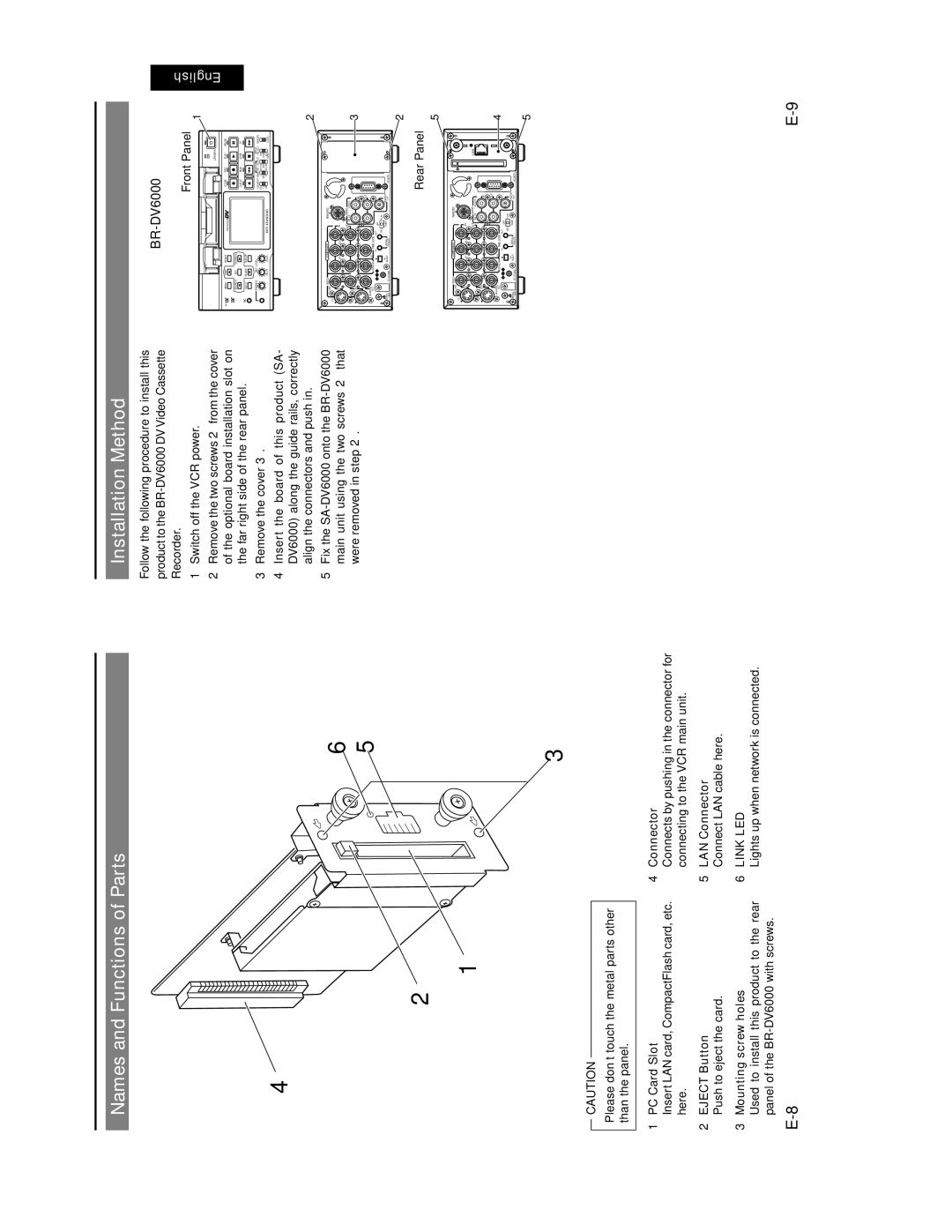 JVC SA-DV6000 manual PC Card Slot Connector, Eject Button LAN Connector, Mounting screw holes, Front Panel, Rear Panel 