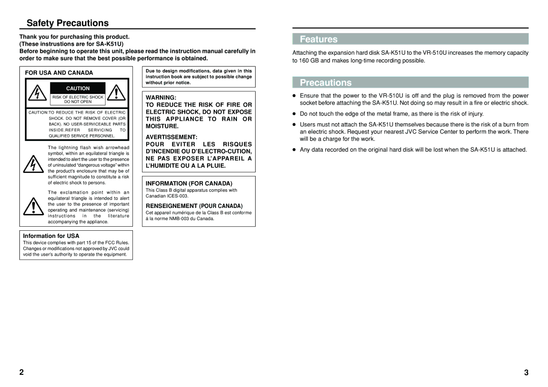 JVC SA-K51U manual Features, Precautions, Information for USA 