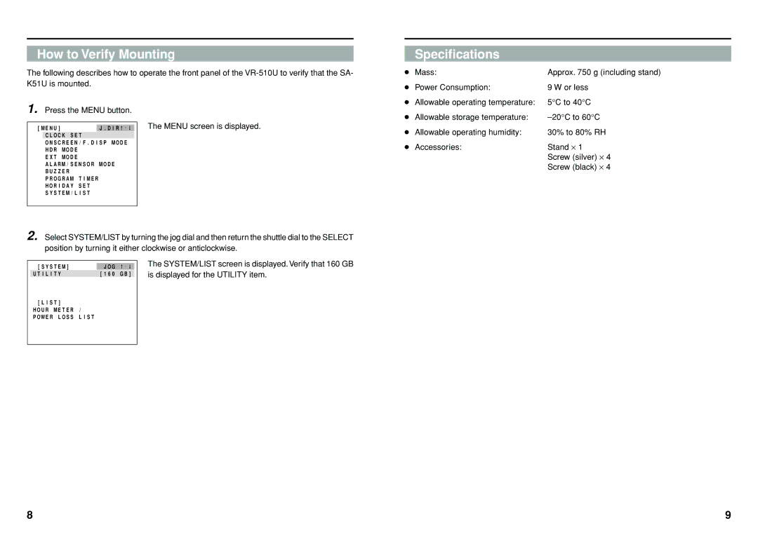 JVC SA-K51U manual How to Verify Mounting, Specifications, Press the Menu button 