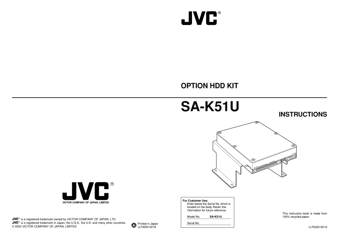 JVC SA-K51U manual Option Hdd Kit, Instructions, Victor Company Of Japan, Limited, For Customer Use, Model No 