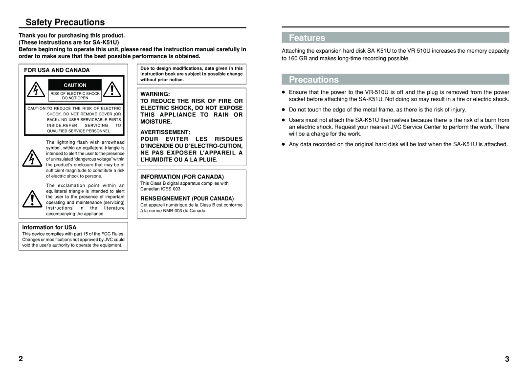 JVC SA-K51U manual Features, Safety Precautions 