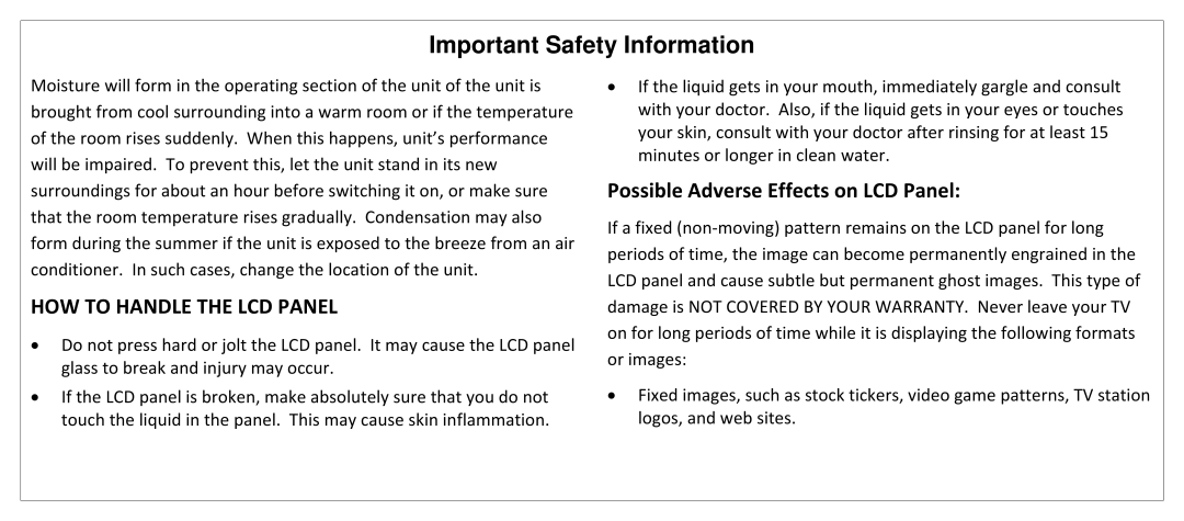 JVC SL42B-C manual HOW to Handle the LCD Panel, Possible Adverse Effects on LCD Panel 