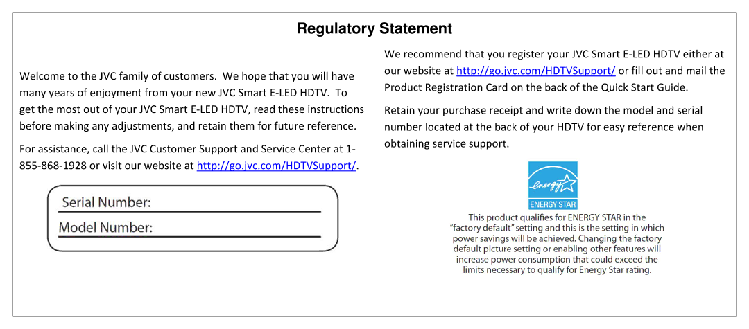 JVC SL42B-C manual Regulatory Statement 