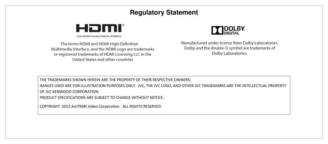 JVC SL42B-C manual Copyright 2012 AmTRAN Video Corporation. ALL Rights Reserved 