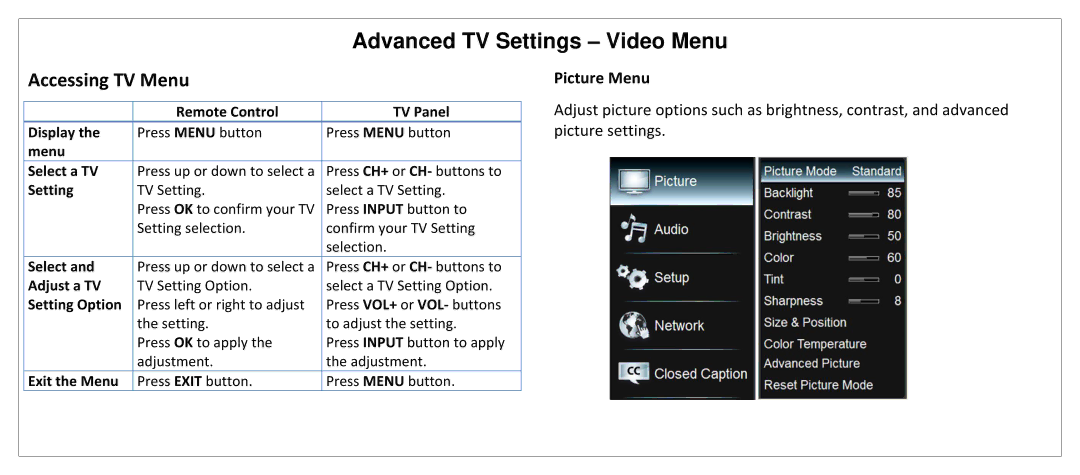 JVC SL42B-C manual Advanced TV Settings Video Menu, Accessing TV Menu, Picture Menu 