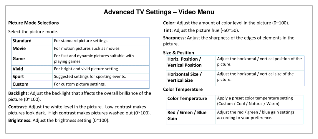 JVC SL42B-C Picture Mode Selections, Standard, Movie, Game, Vivid, Sport, Custom, Size & Position Horiz. Position, Gain 