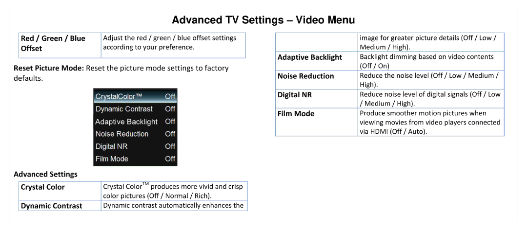 JVC SL42B-C manual Offset, Adaptive Backlight, Noise Reduction, Digital NR, Film Mode, Advanced Settings Crystal Color 